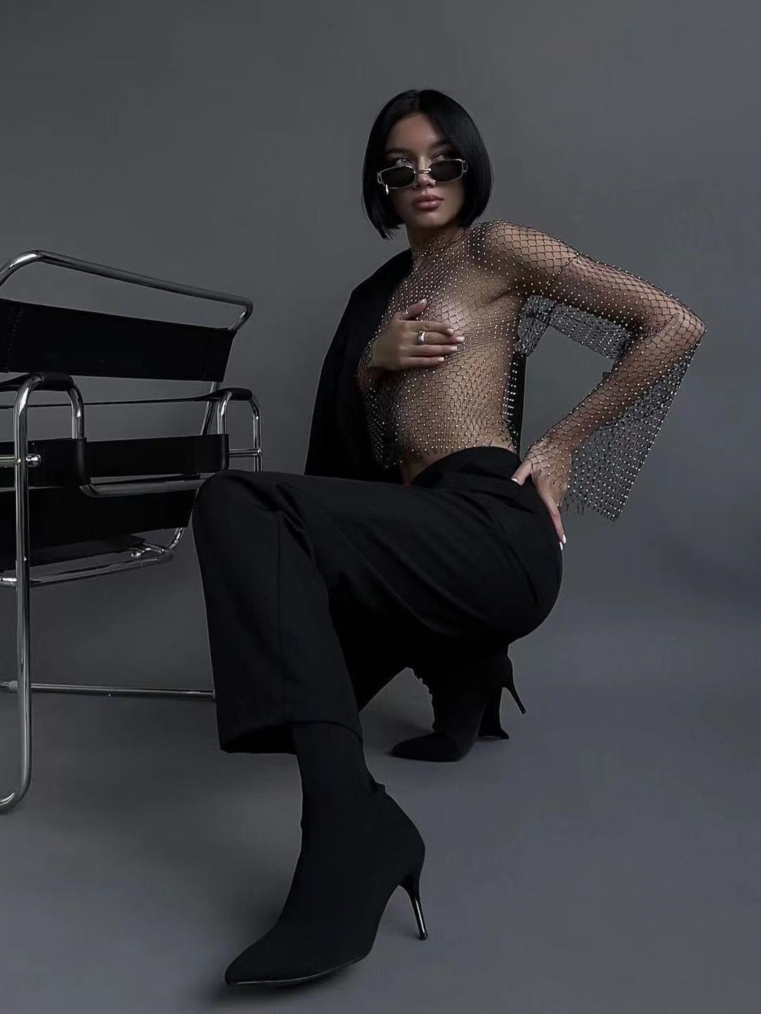 Transparentes Mesh-Oberteil mit langen Ärmeln Fashion Bullet