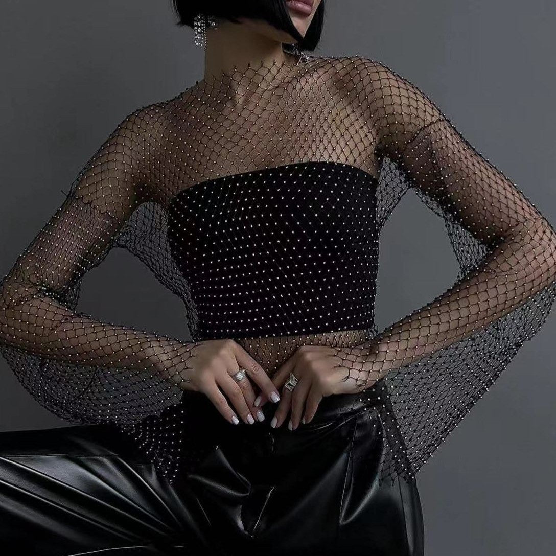 Transparentes Mesh-Oberteil mit langen Ärmeln Fashion Bullet
