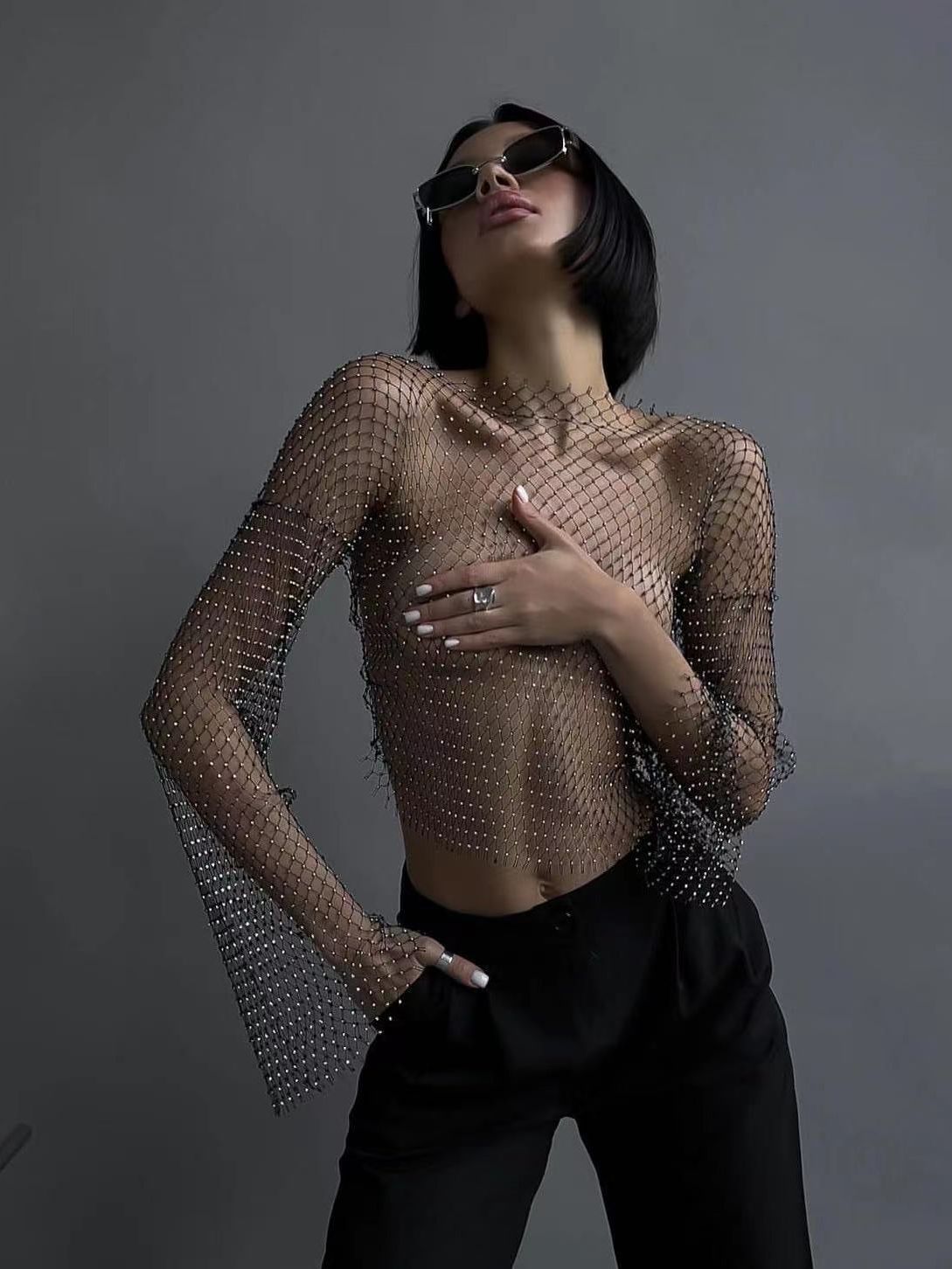 Transparentes Mesh-Oberteil mit langen Ärmeln Fashion Bullet